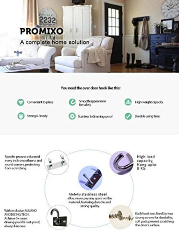PROMIXO خطافات قماش من الألمنيوم الثقيلة 2 دبوس لباب، جدار وحمام | مجموعة من 4 بتشطيب كروم - Image 3