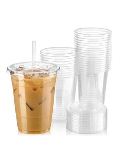 Generic 16 oz BPA Free Clear Plastic Cups 50 Pack with Flat Lids with Vents for Iced Cold Drinks, Coffee, Tea, Smoothies, Disposable Tea Medium  - Image 1