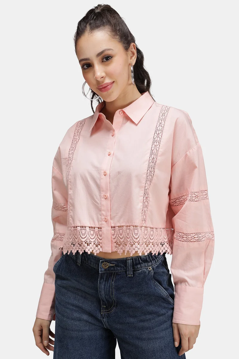 Virgio Solid Cotton Lace Crop Shirt for Women