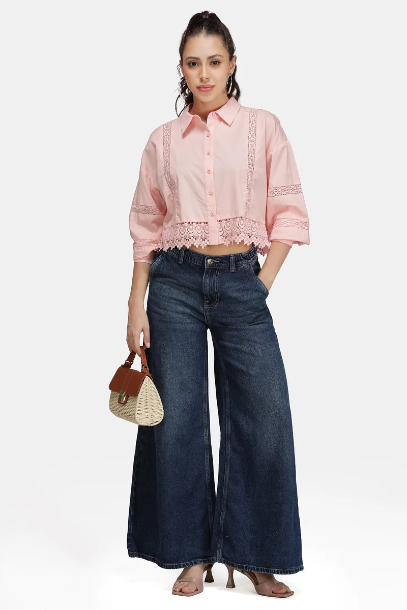 Virgio Solid Cotton Lace Crop Shirt for Women