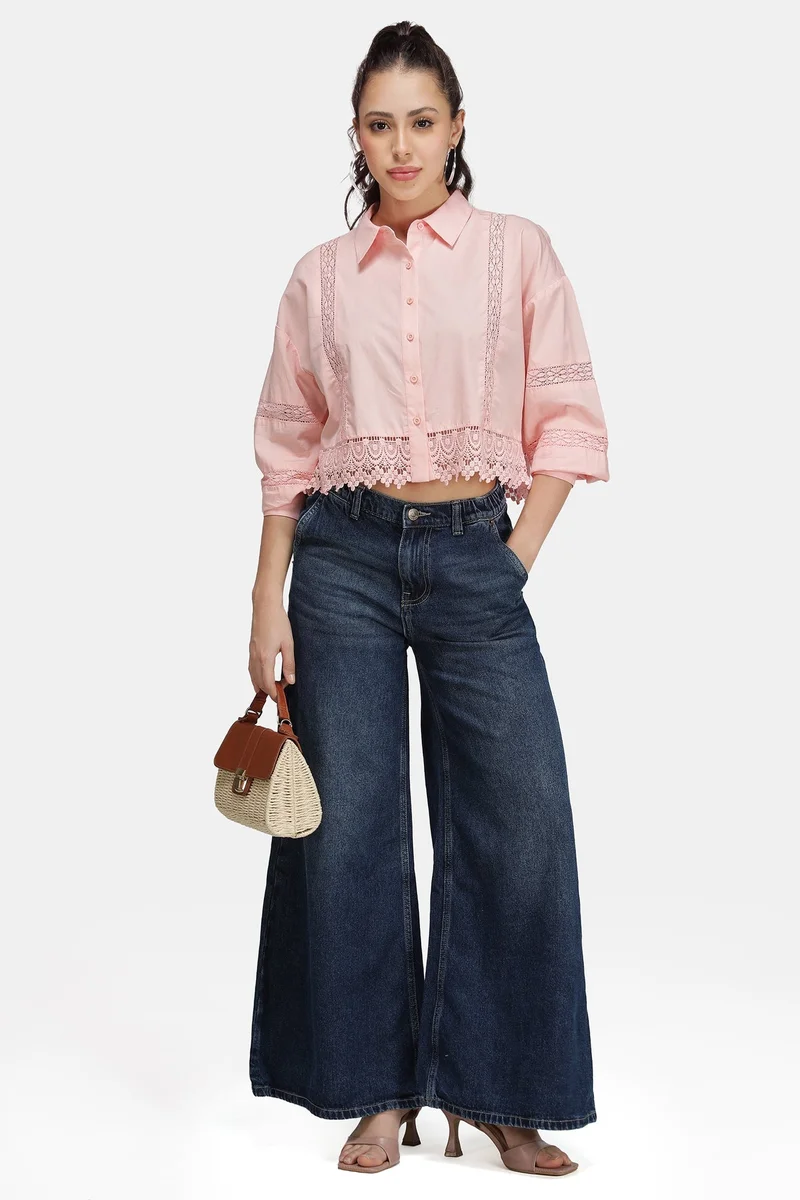 Virgio Solid Cotton Lace Crop Shirt for Women