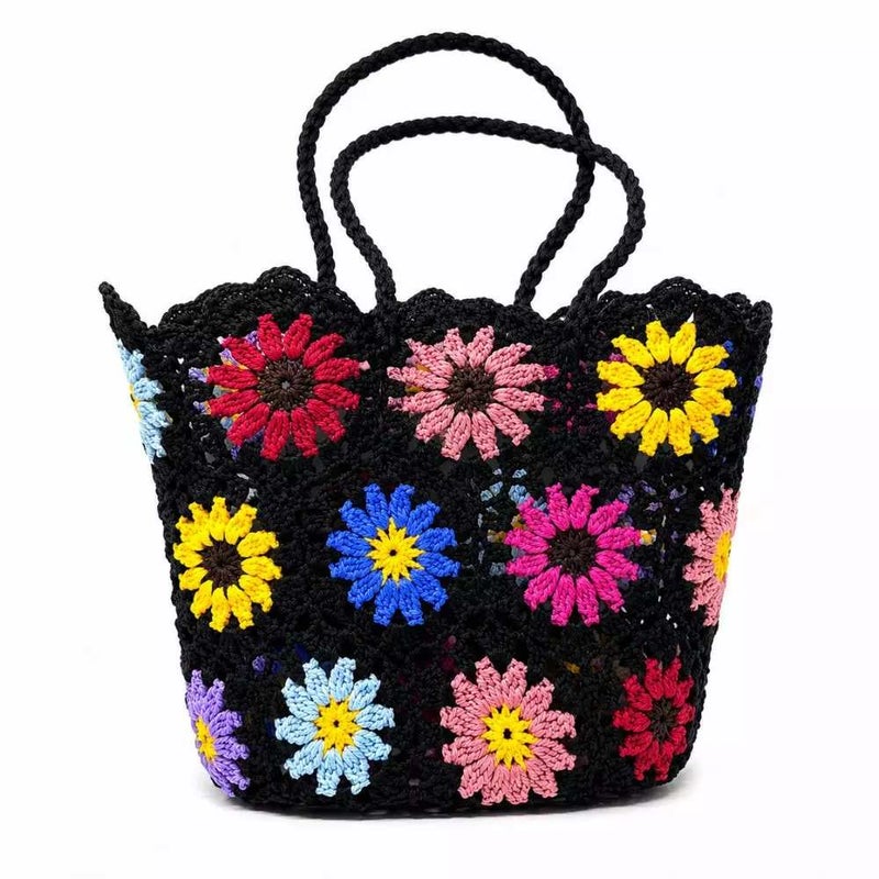Hand Woven Crochet Beach Bag With Multicolor Floral Pattern and Braided Handles- Black