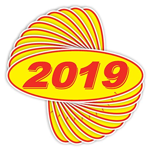 Versa-Tags Versa Tags 2019 Oval Model Year Car Dealer Window Stickers Proudly Made in The USA Versa Oval Model Windshield Year Stickers are Red and Yellow in Color Come Twelve (12) to A Pack - Image 1