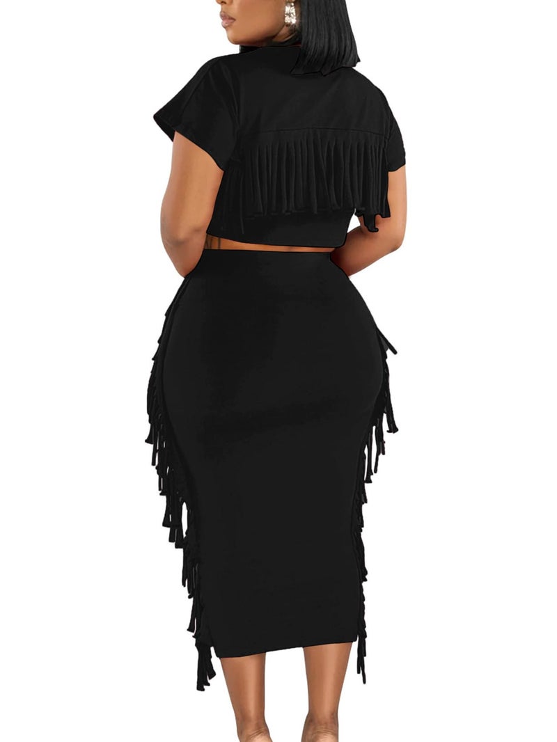 LYANER Women's 2 Piece Outfits Crew Neck Fringe Short Sleeve Crop Top and Tassel Trim Bodycon Midi Skirt Set Solid Black Small - Image 2