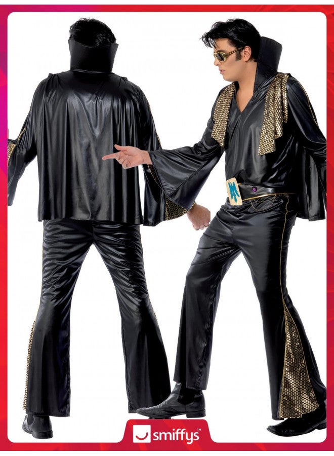 Smiffys Elvis Costume in Black and Gold for Adults, Shirt, Trousers, Cape, and Belt, Officially Licensed, Black Flared Trousers with Gold Insert, Ideal for Matching Music-Themed Fancy Dress - Image 3