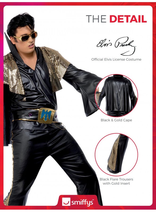 Smiffys Elvis Costume in Black and Gold for Adults, Shirt, Trousers, Cape, and Belt, Officially Licensed, Black Flared Trousers with Gold Insert, Ideal for Matching Music-Themed Fancy Dress - Image 2