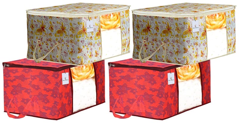 Kuber Industries Heart Home Metalic Printed 4 Piece Non Woven Fabric Underbed Storage BagCloth OrganiserBlanket Cover with Transparent Window Ivory Red Red CTHH22951  - Image 1