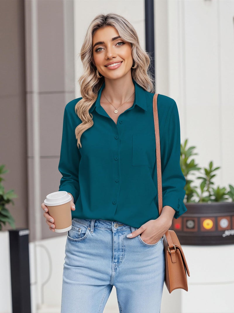 HOTOUCH Button Down Shirt for Womens Teal Blue Long Sleeve Blouse Business Casual Collared Work Office Tops M - Image 3