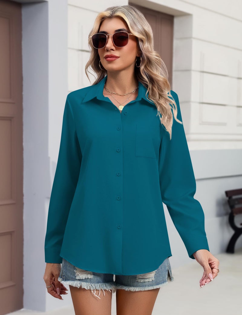 HOTOUCH Button Down Shirt for Womens Teal Blue Long Sleeve Blouse Business Casual Collared Work Office Tops M - Image 5