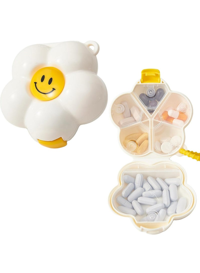 LLASIDO 2 Pack Creame White Floral Smiley Pill Organizer, Weekly & Daily Medicine Pill Box with 6 Compartments, Travel Pill Case for Purse - Image 1