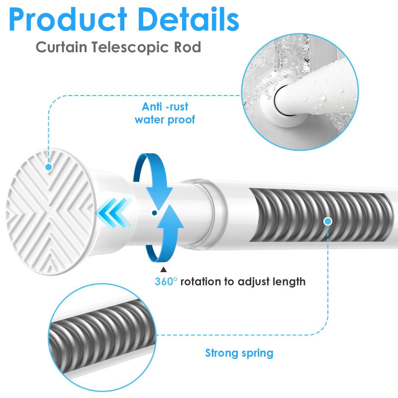 MEXAU White Tension Curtain Rods18 to 36 Inch,Small Curtain Rods No Drilling,Short Tension Rod,Adjustable Spring Rod for Windows,Door,Closet - Image 3