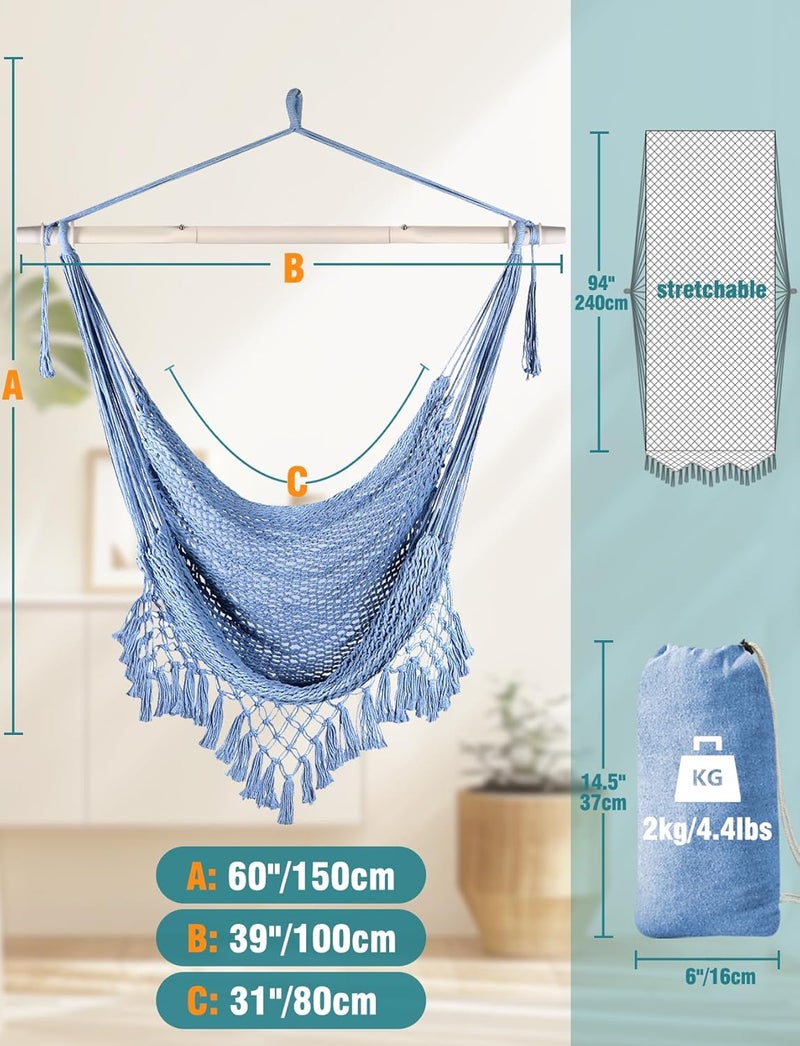 Chihee Hammock Chair Handmade Hanging Chair Cotton Rope Woven Hanging Seat Soft-Spun Large Stretch Hammock Swing, Collapsible Strong Metal Spreader Bar Elegant Macrame Comfort Indoor Outdoor Garden - Image 4
