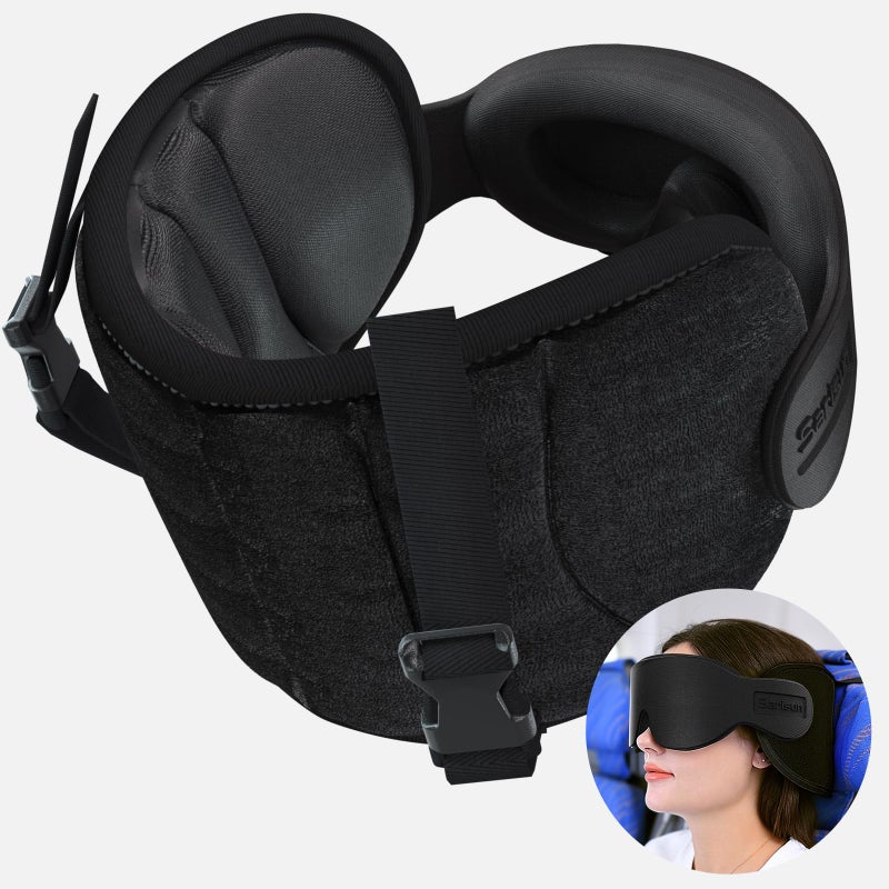 SARISUN Travel Pillows for Airplanes, Airplane Pillow for Long Flight, Airplane Head Strap with Eye Mask for Sleep, Travel Neck Pillow for Car Road Trip, 360Â° Support Headrest, Stop Bobblehead, Black - Image 1