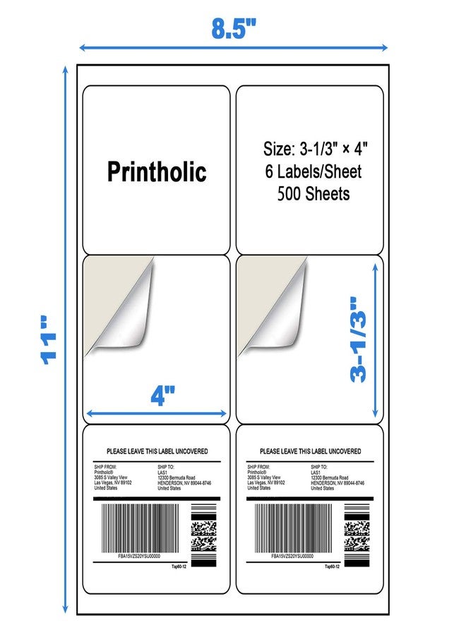 Printholic 6 Per Sheet Label Address Labels 3-1/3" x 4" Self Adhesive Sheets Shipping Labels Easy Peel & Feed White Stickers for Laser & Inkjet Printers (500 Sheets, 3000 Labels) - Image 2