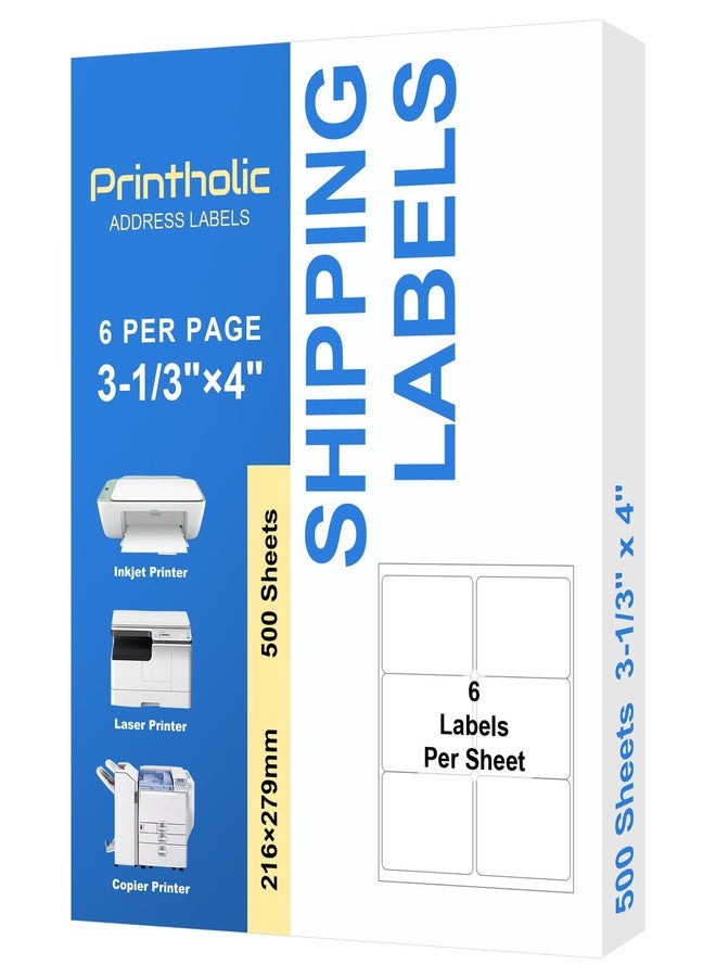 Printholic 6 Per Sheet Label Address Labels 3-1/3" x 4" Self Adhesive Sheets Shipping Labels Easy Peel & Feed White Stickers for Laser & Inkjet Printers (500 Sheets, 3000 Labels) - Image 1