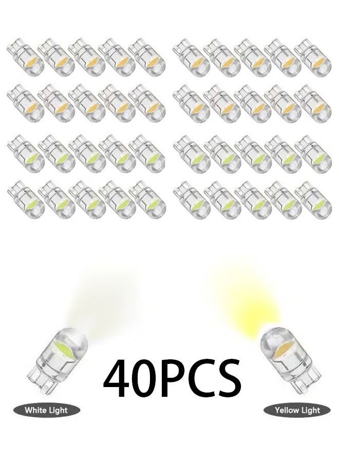 40 Pcs LED Light Bulbs White and Yellow, 6000K 68 2825 W5W T10 COB LED Wedge Replacement Bulbs, Mini Bulbs for License Plate Lights, Car Position Lamps, Map Light - Image 1