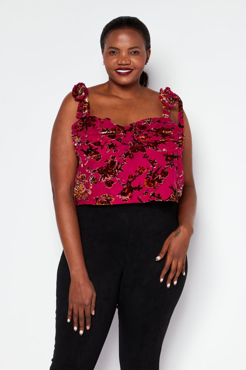 boohoo بلوزة كورسيه مزينة بالأزهار بأكمام مربوطة على شكل قلب للنساء، مجموعة وردية - Image 1