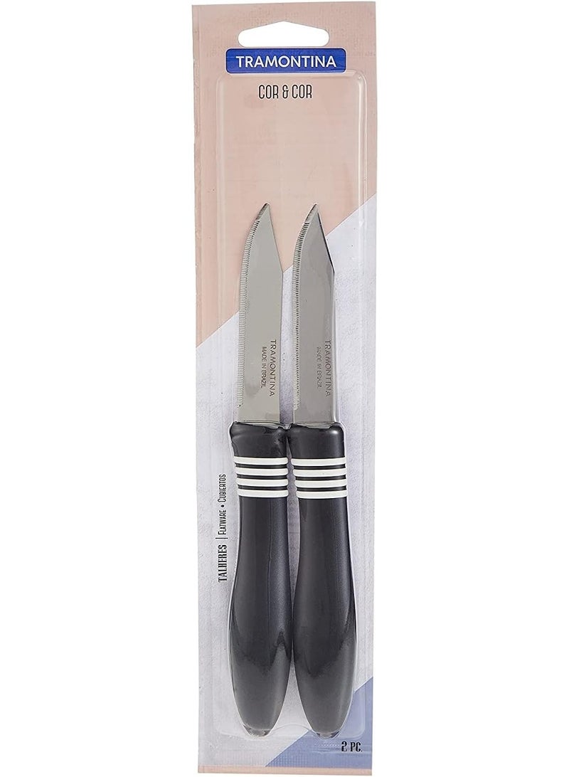 TRAMONTINA 2 Pieces Paring Knife Set with Stainless Steel Blade and Black Polypropylene Handle 