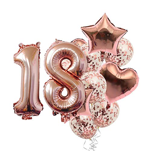 Pop The Party Nylon 18Th Number Balloon With 18 Digit Balloon For Including Star,Heart&Confetti Balloons,Rose Gold, Multicolor, 14 Pcs - Image 1