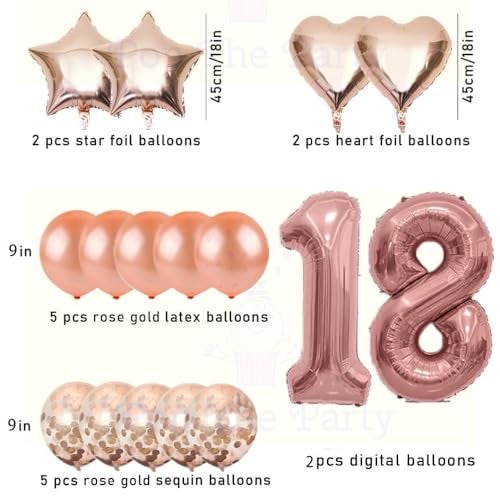 Pop The Party Nylon 18Th Number Balloon With 18 Digit Balloon For Including Star,Heart&Confetti Balloons,Rose Gold, Multicolor, 14 Pcs - Image 2