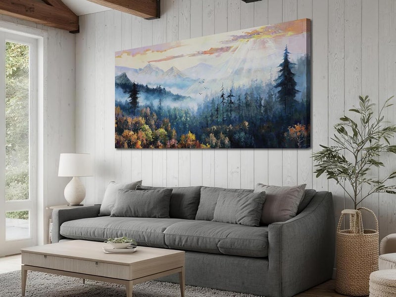 Arjun Forest Wall Art Landscape Foggy Nature Painting Modern Indigo Green Scenery Scene Picture, Mountain Misty Large Framed Artwork for Living Room Bedroom Bathroom Office Home Wall Decor 40"x20" - Image 5