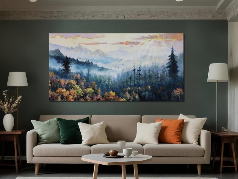 Arjun Forest Wall Art Landscape Foggy Nature Painting Modern Indigo Green Scenery Scene Picture, Mountain Misty Large Framed Artwork for Living Room Bedroom Bathroom Office Home Wall Decor 40"x20" - Image 3