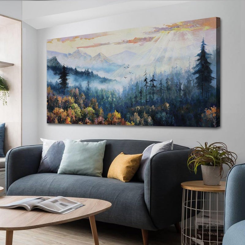 Arjun Forest Wall Art Landscape Foggy Nature Painting Modern Indigo Green Scenery Scene Picture, Mountain Misty Large Framed Artwork for Living Room Bedroom Bathroom Office Home Wall Decor 40"x20" - Image 1