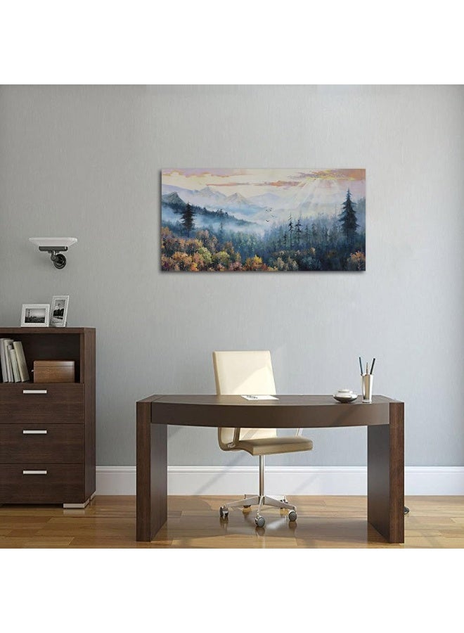 Arjun Forest Wall Art Landscape Foggy Nature Painting Modern Indigo Green Scenery Scene Picture, Mountain Misty Large Framed Artwork for Living Room Bedroom Bathroom Office Home Wall Decor 40"x20" - Image 4