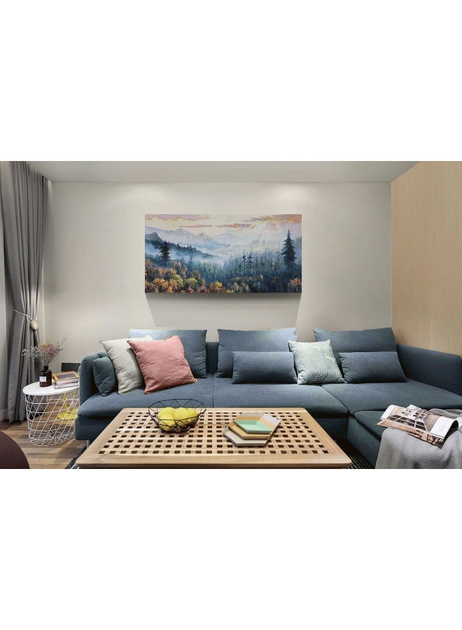Arjun Forest Wall Art Landscape Foggy Nature Painting Modern Indigo Green Scenery Scene Picture, Mountain Misty Large Framed Artwork for Living Room Bedroom Bathroom Office Home Wall Decor 40"x20" - Image 2