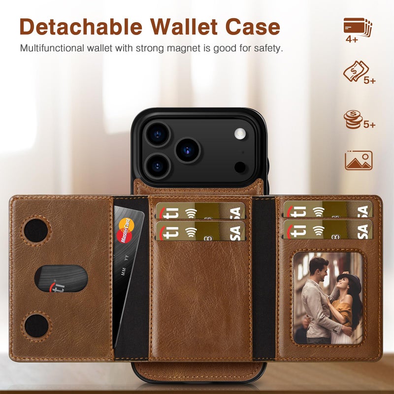LOHASIC for iPhone 17 Pro Max Case, 2-in-1 Detachable Wallet Leather Phone Cases with Card Holder with Airtag Holder Protective Cover Compatible with MagSafe, Brown - Image 4