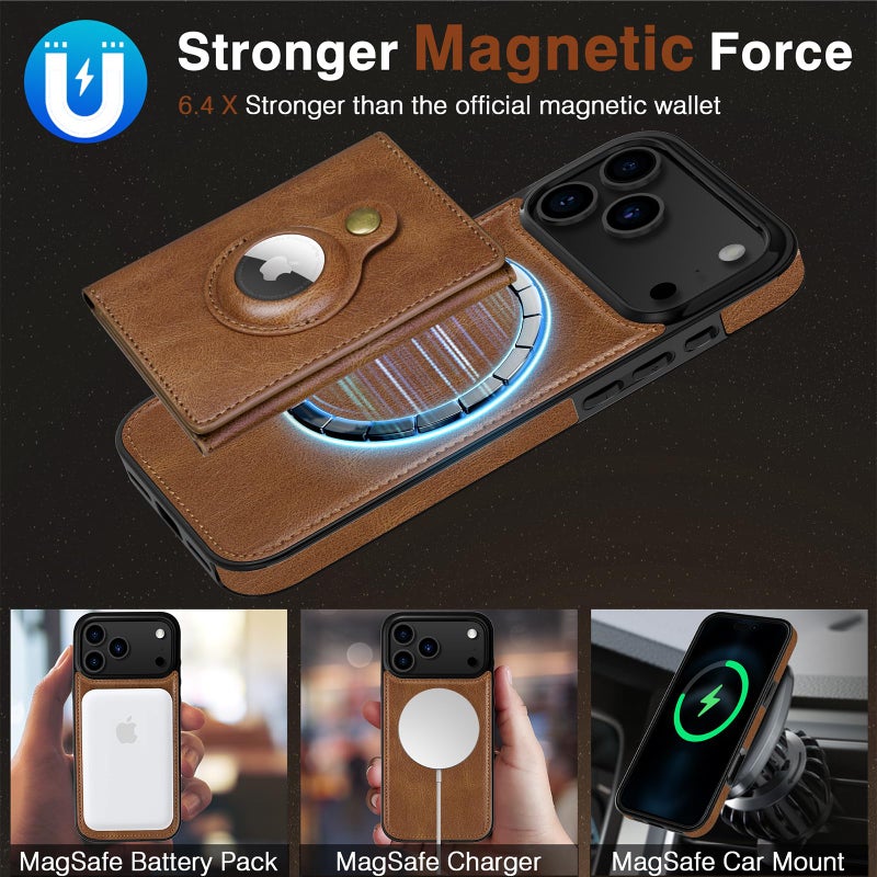 LOHASIC for iPhone 17 Pro Max Case, 2-in-1 Detachable Wallet Leather Phone Cases with Card Holder with Airtag Holder Protective Cover Compatible with MagSafe, Brown - Image 3