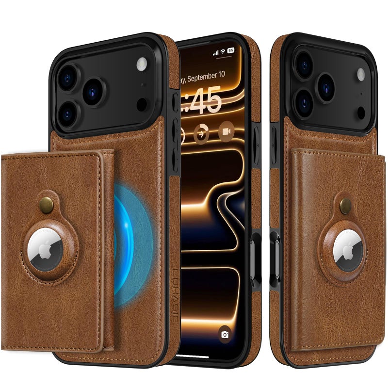 LOHASIC for iPhone 17 Pro Max Case, 2-in-1 Detachable Wallet Leather Phone Cases with Card Holder with Airtag Holder Protective Cover Compatible with MagSafe, Brown - Image 1