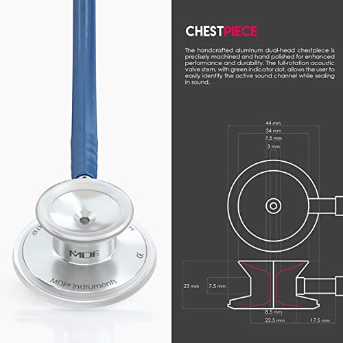 MDF Instruments ستيثوسكوب خفيف الوزن من MDF Instruments، أكوستيكا للأطباء والممرضين والطلاب والاستخدام المنزلي، للبالغين، ذو رأس مزدوج، أنبوب أزرق بحري، رأس صدري فضي، MDF747XP04 - Image 4
