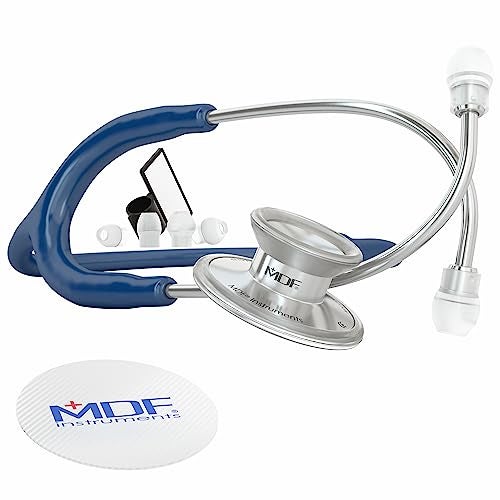 MDF Instruments ستيثوسكوب خفيف الوزن من MDF Instruments، أكوستيكا للأطباء والممرضين والطلاب والاستخدام المنزلي، للبالغين، ذو رأس مزدوج، أنبوب أزرق بحري، رأس صدري فضي، MDF747XP04 - Image 1