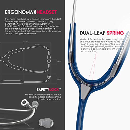 MDF Instruments ستيثوسكوب خفيف الوزن من MDF Instruments، أكوستيكا للأطباء والممرضين والطلاب والاستخدام المنزلي، للبالغين، ذو رأس مزدوج، أنبوب أزرق بحري، رأس صدري فضي، MDF747XP04 - Image 5
