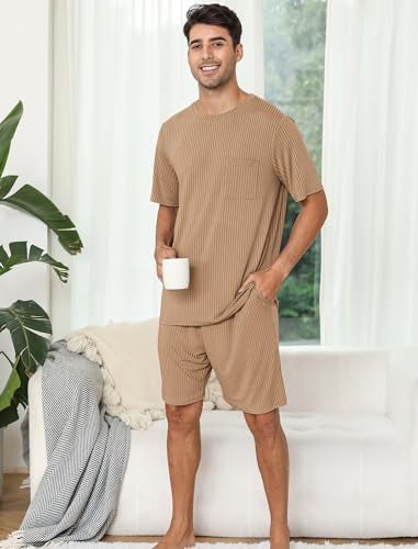 EISHOPEER Knit Matching Pajamas Sets Couple Drawstring Nightwear Short Sleeve Sleepwear 2 Pieces Loungewear with Shorts Khaki Large - Image 2