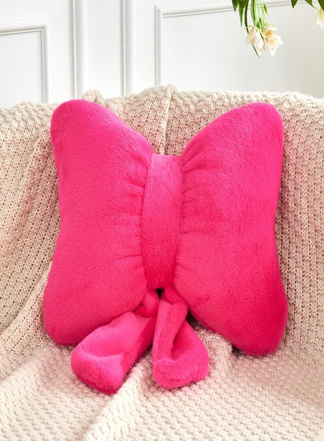 XVTRU Hot Pink Bow Pillow, Soft Bow Decorative Pillows with Faux Rabbit Fur, Cute 12" Bow Throw Pillows, Aesthetic Home Decor Bow Shaped Plush Pillow for Bedroom Sofa Couch - Image 1