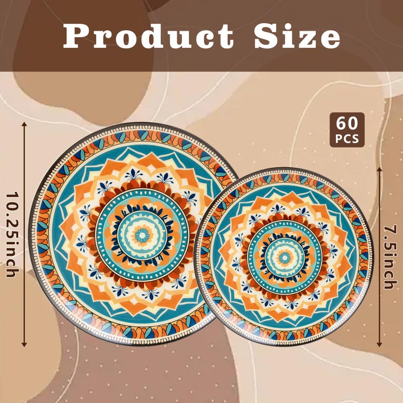 Joyido 60PCS Bohemian Plastic Plates - Boho Plate Disposable - Vintage Bohemian Style Plate Include 30 Dinner and 30 Dessert Plates for Kitchen Party Decorative - Image 3
