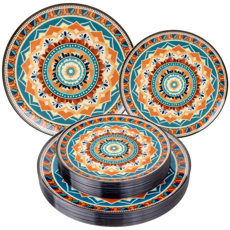 Joyido 60PCS Bohemian Plastic Plates - Boho Plate Disposable - Vintage Bohemian Style Plate Include 30 Dinner and 30 Dessert Plates for Kitchen Party Decorative - Image 1
