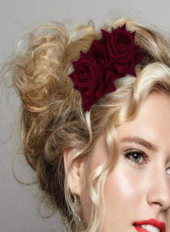 CROWN GUIDE 2-Pack Rose Flower Bridal Hair Combs Women Wedding Hair Accessories Pieces For Brides Flamenco Dancer Hairstyles Burgundy - Image 2