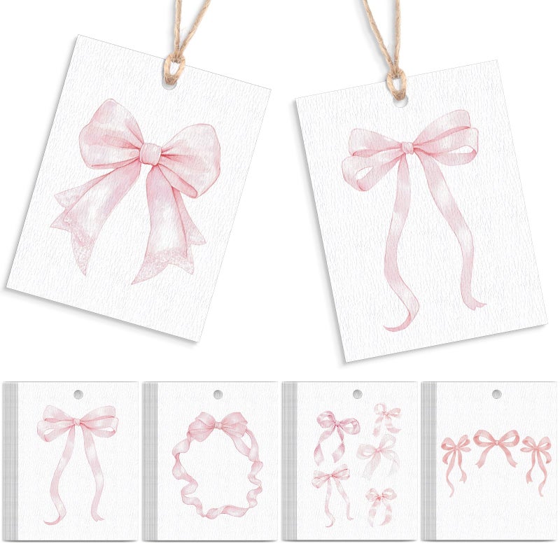 Dunzoom 50 Pcs Baby Shower Thank You Cards Tags 2 x 3 Inch Pink Bow Gift Cards with String Watercolor Coquette Bowknot Tags Set for Baby Shower Birthday Wedding Party Favor Supplies, 5 Styles - Image 1