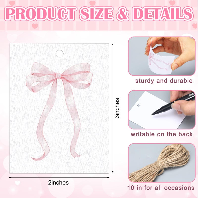 Dunzoom 50 Pcs Baby Shower Thank You Cards Tags 2 x 3 Inch Pink Bow Gift Cards with String Watercolor Coquette Bowknot Tags Set for Baby Shower Birthday Wedding Party Favor Supplies, 5 Styles - Image 2