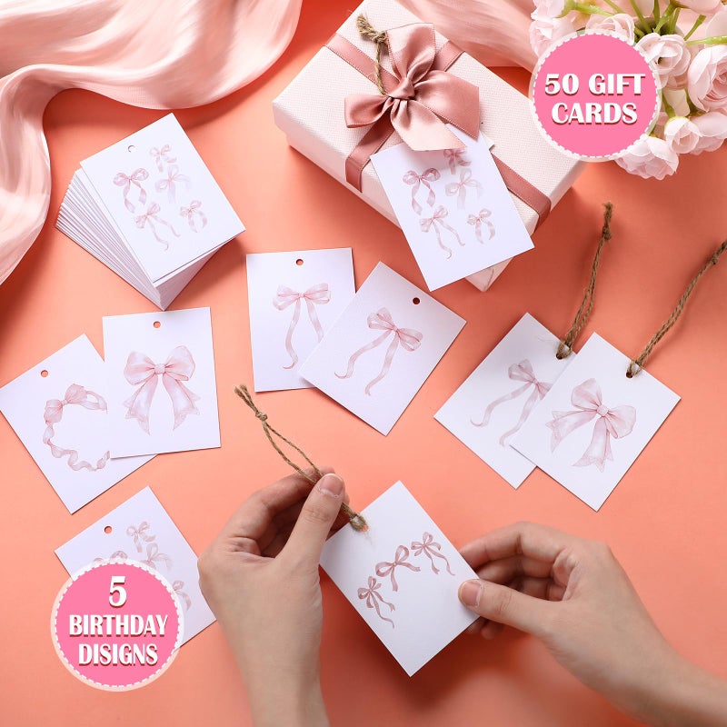 Dunzoom 50 Pcs Baby Shower Thank You Cards Tags 2 x 3 Inch Pink Bow Gift Cards with String Watercolor Coquette Bowknot Tags Set for Baby Shower Birthday Wedding Party Favor Supplies, 5 Styles - Image 3
