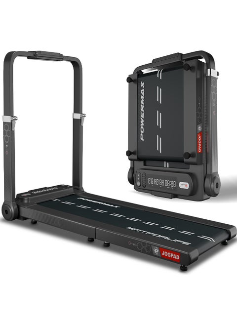 PowerMax Fitness JOGPAD (4HP Peak) Motorized Foldable Treadmill for Home Use with Handle, Remote Control, Max User 120kg, Top Speed 12kmph, Running Deck 1080mmx400mm, Bluetooth, Speaker, mobile holder