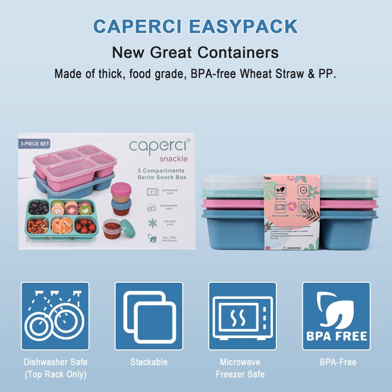 Caperci Bento Box Adult Lunchable Container - Reusable 3-Pack Snack Box Containers with 5-Compartment & 3pc Dressing Cups, BPA-Free Food Storage for Meal Prep, School, Work (Dark & Clear Lids) - Image 3