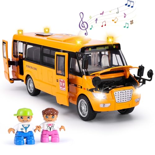 Crelloci School Bus Toy Die Cast Model Car with Flashing Lights  Sounds Friction Powered Back  Side Doors Open Large Yellow Metal Toy Vehicles Play Bus Easter Gift for Kids Toddlers Ages 3 - Image 1