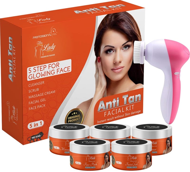 Blu Lady Professional Dtan Anti Tan Facial Kit with Face Massager for Facial Anti Tan Instant Glow Ever in India All Type Skin Fairness Set of 6 275 G - Image 1