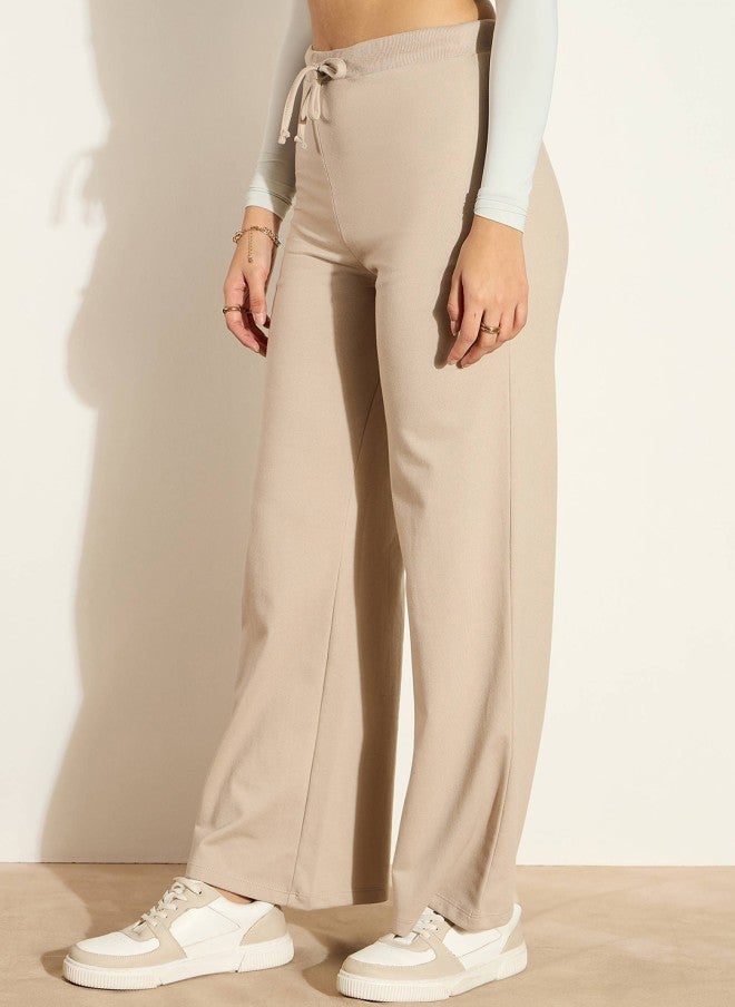 SASSAFRAS Taupe Mid-Rise Cotton Track Pants for Women - Image 2