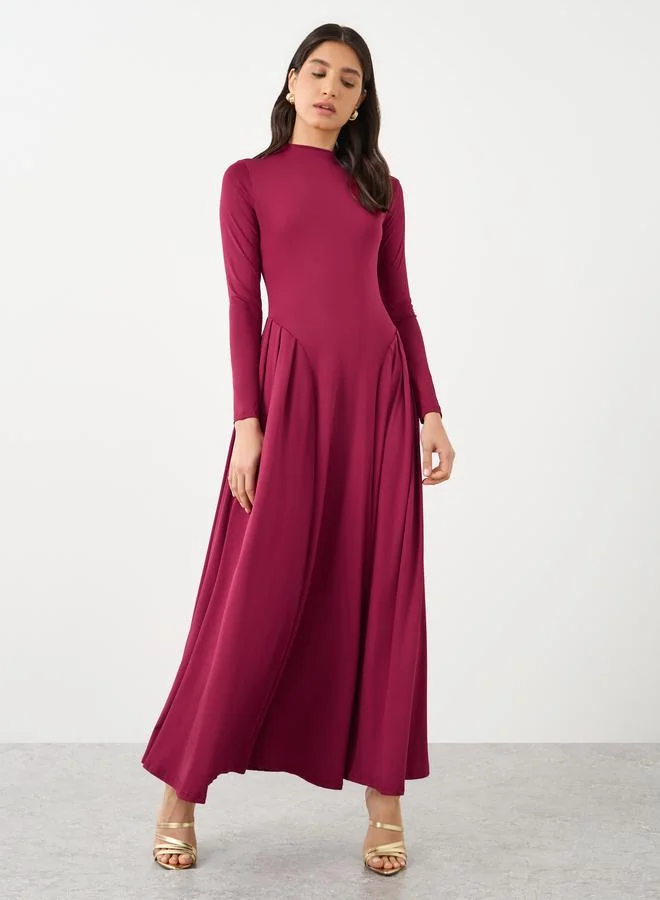 Take Two Take Two Solid Long Sleeves Pleated Detail Maxi Dress