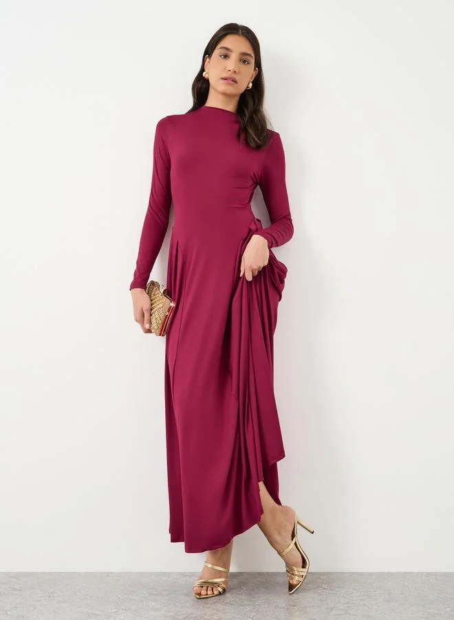 Take Two Take Two Solid Long Sleeves Pleated Detail Maxi Dress